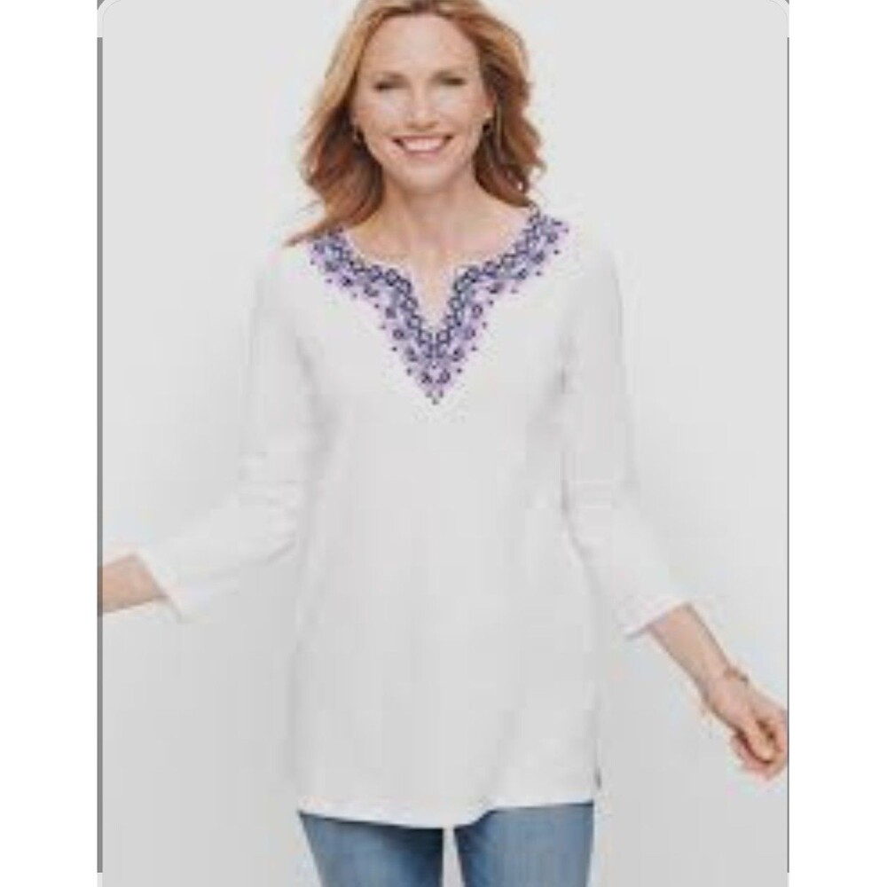Talbots Split Neck Embroidered Tee Tunic Women's XL Petite White Purple Coastal - Picture 4 of 8